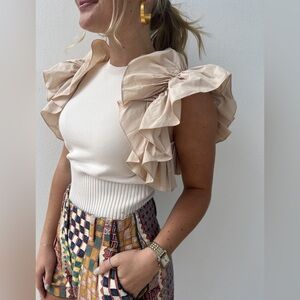 SFIZIO Italy Cream Statement Blouse w/ Dramatic Taffeta Ruffle Sleeves XS